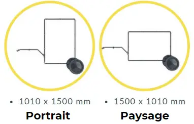 Formats d'affiche du vélo publicitaire : portrait 1010 × 1500 mm et paysage 1500 × 1010 mm